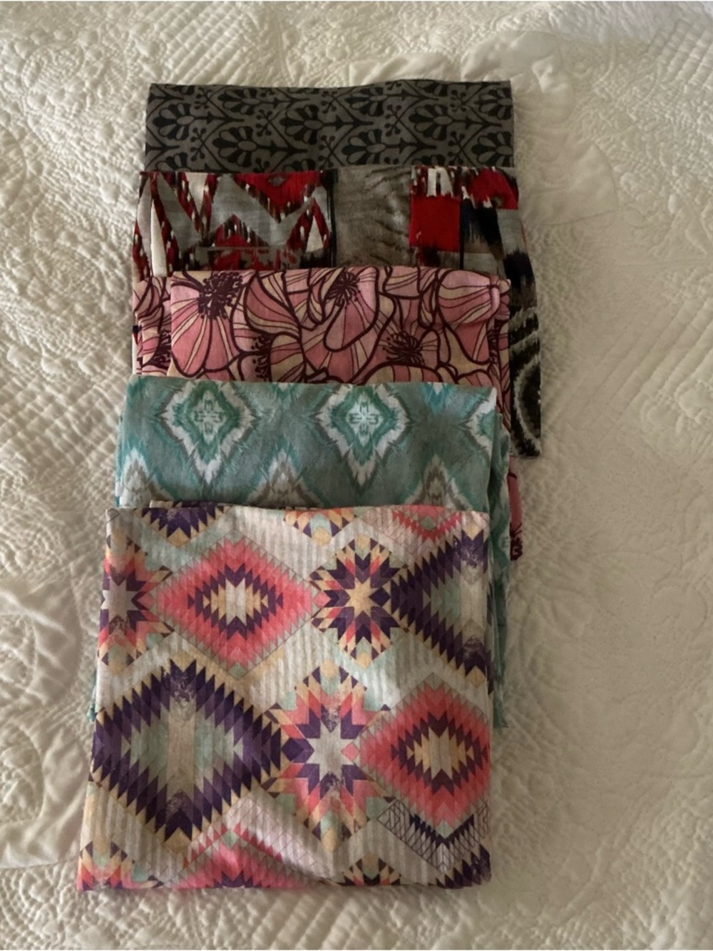 5 Colorful Patterned infinity Scarves-  stretchy fabric